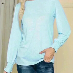 Women's Light Blue Long-Sleeve Crewneck Smocked Cuff Knit Top size 2X NWT
